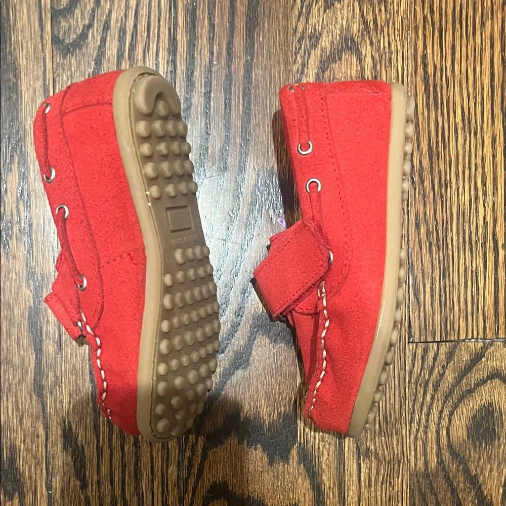 Red Suede Kids Moccasins with Hook-and-Loop Strap